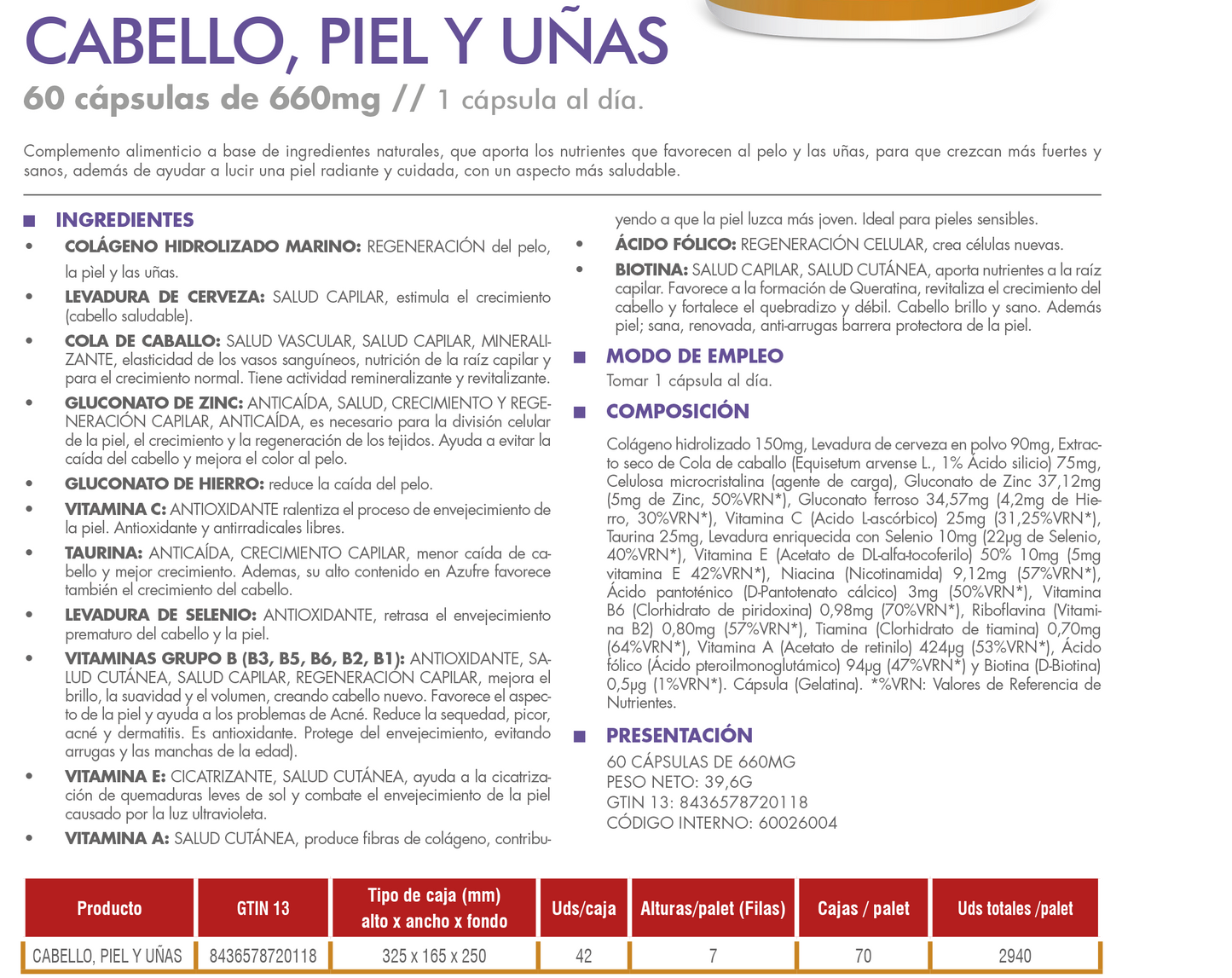Suplemento Cabello, Piel y Uñas – 60 Cápsulas Fortalecedoras